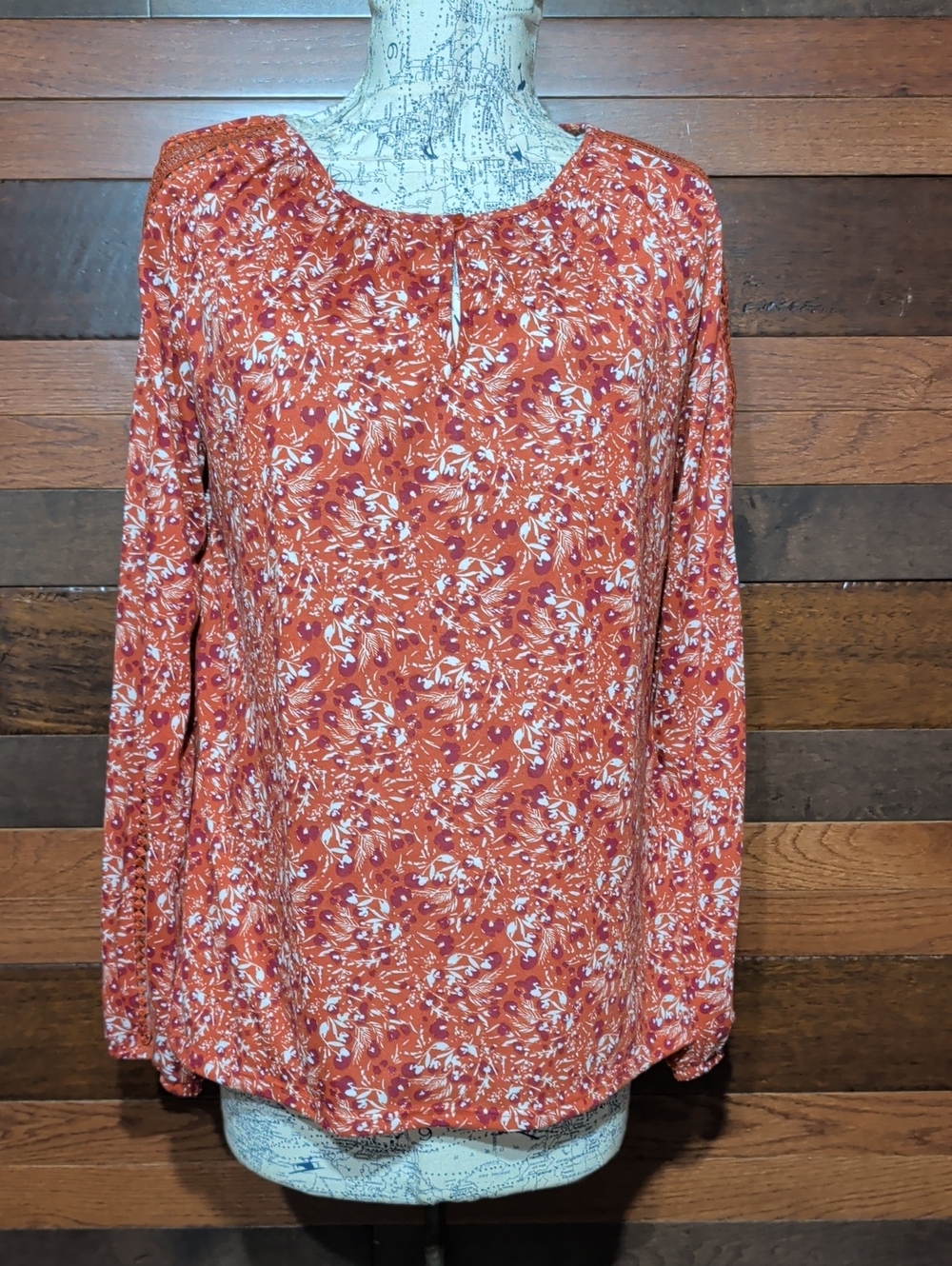 St. John's Bay Rust Floral Keyhole Long-Sleeve Top